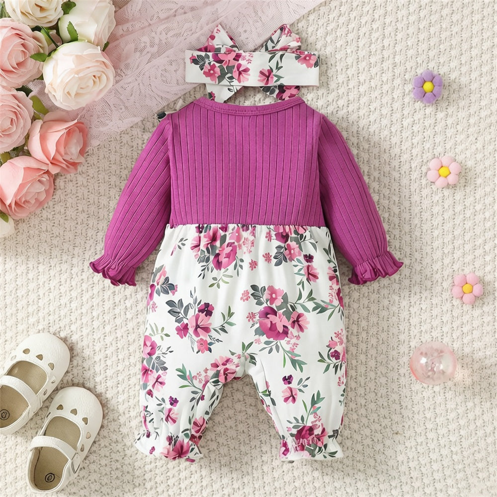 2PCS Exquisite Floral Printed Bow Long Sleeve Baby Girl Jumpsuit