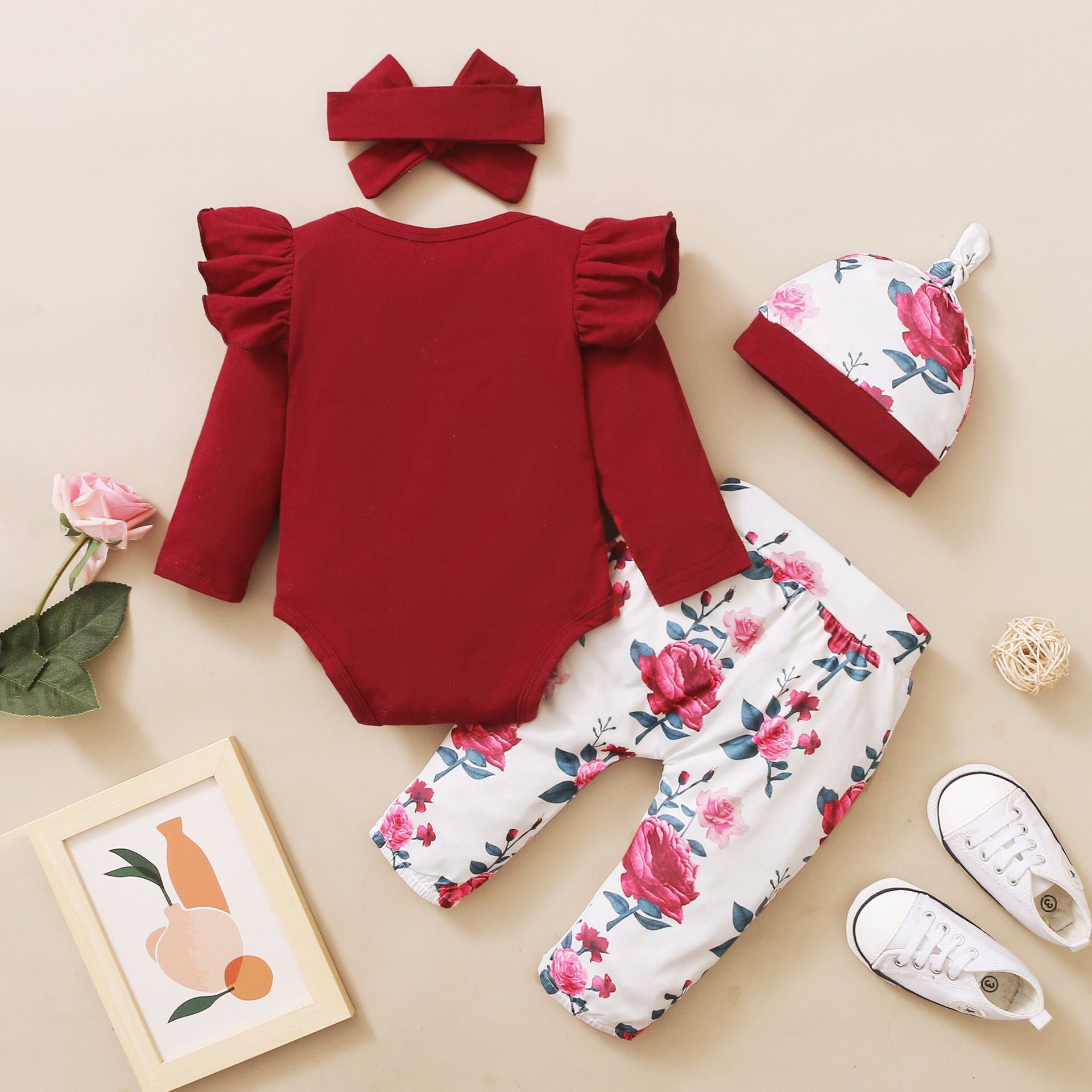 4PCS Pretty Little Sister Letter Floral Printed Long Sleeve Baby Set