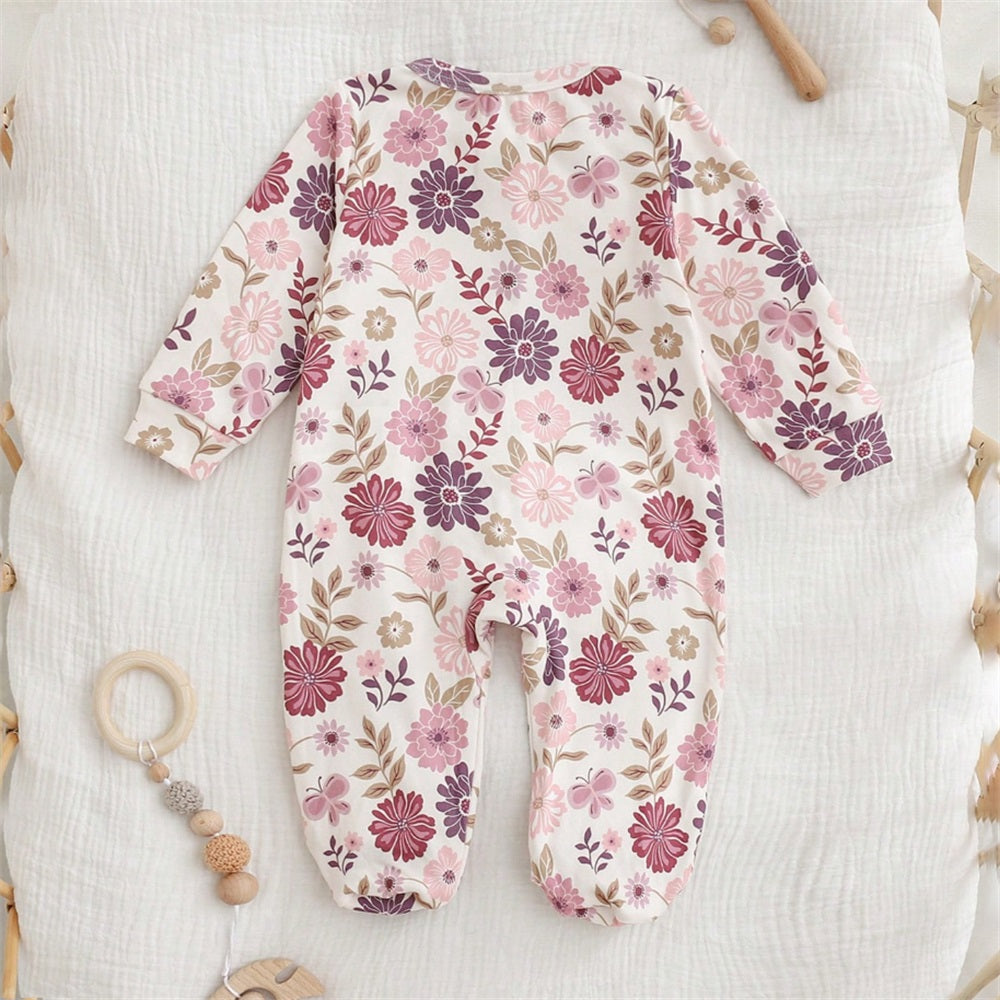 Casual Floral Print Long Sleeve Zip Baby Jumpsuit