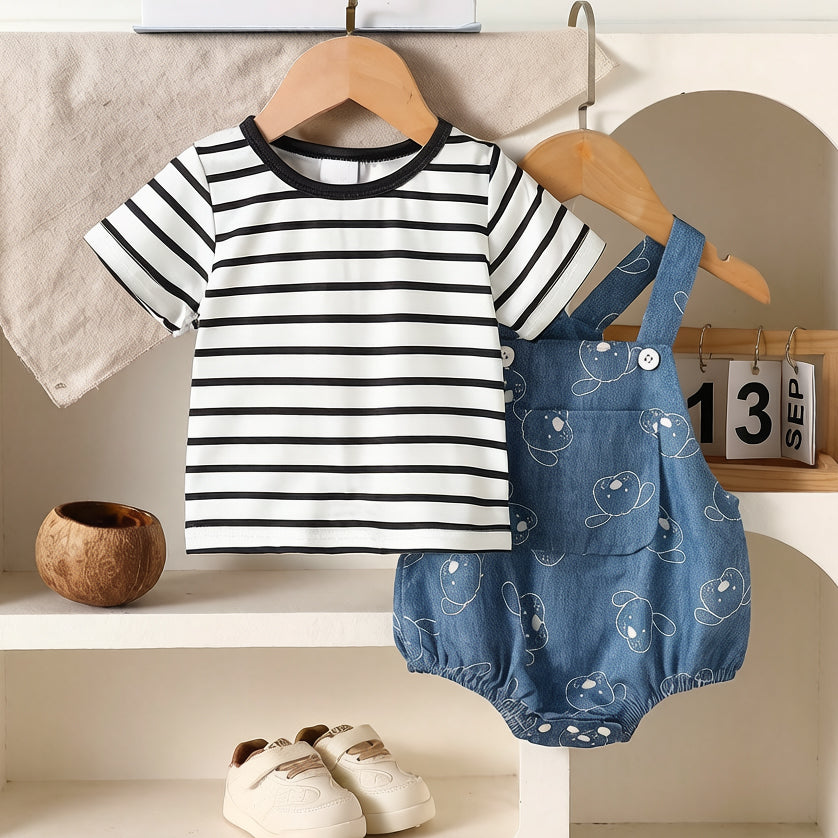 2PCS Casual Sketch Puppy Stripe Printed Short Sleeve Baby Set