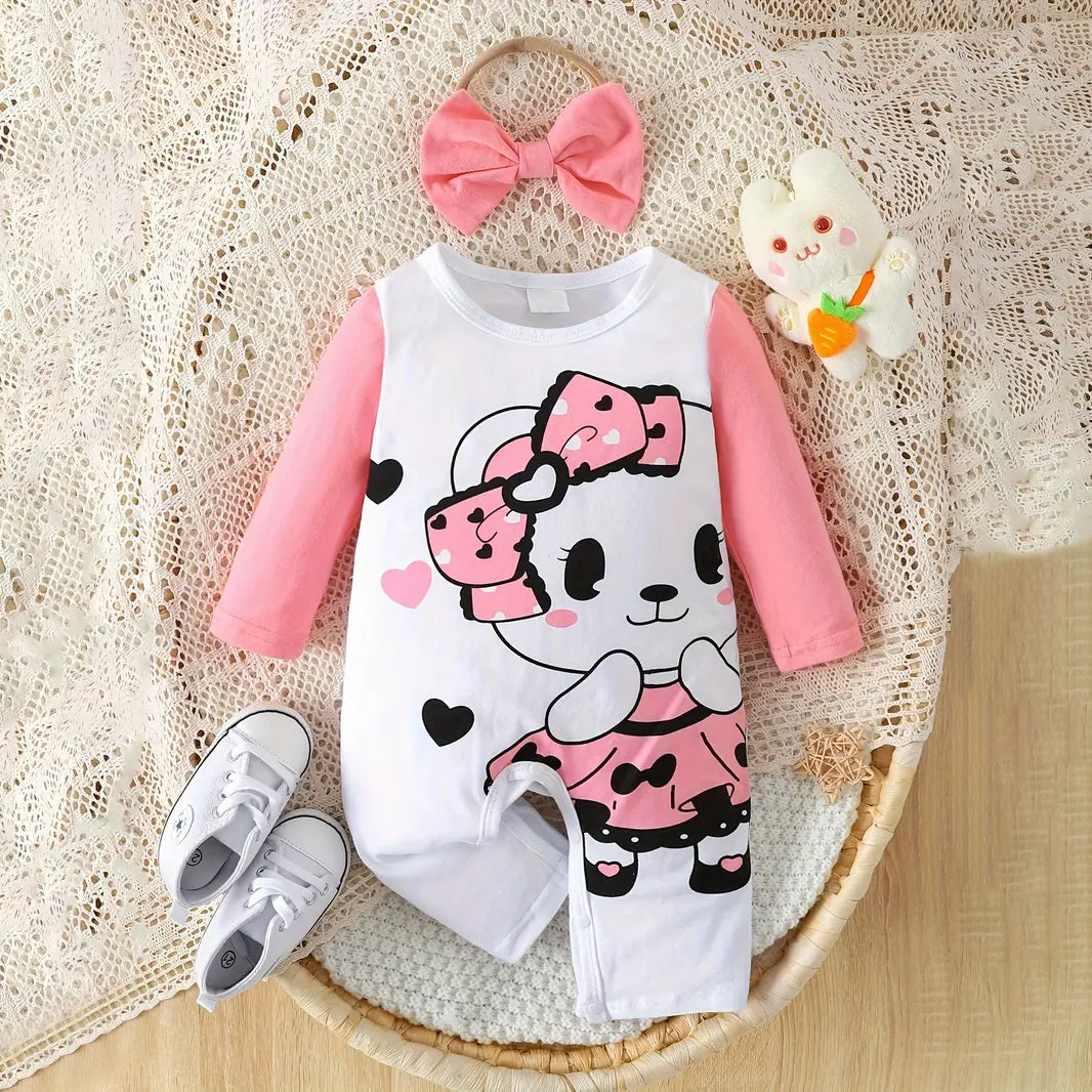 2PCS Casual Cartoon Bowknot Bear Printed Long Sleeve Baby Jumpsuit