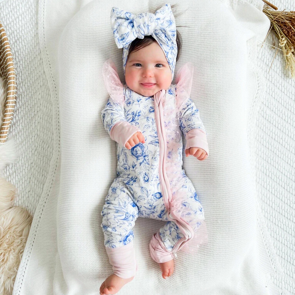 2PCS Baby Girl Floral Print Ruffle Long Sleeve Zipper Jumpsuit