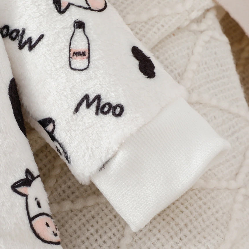 Lovely Cow Milk Bottle Print Long Sleeve Zipper Baby Fleece Jumpsuit