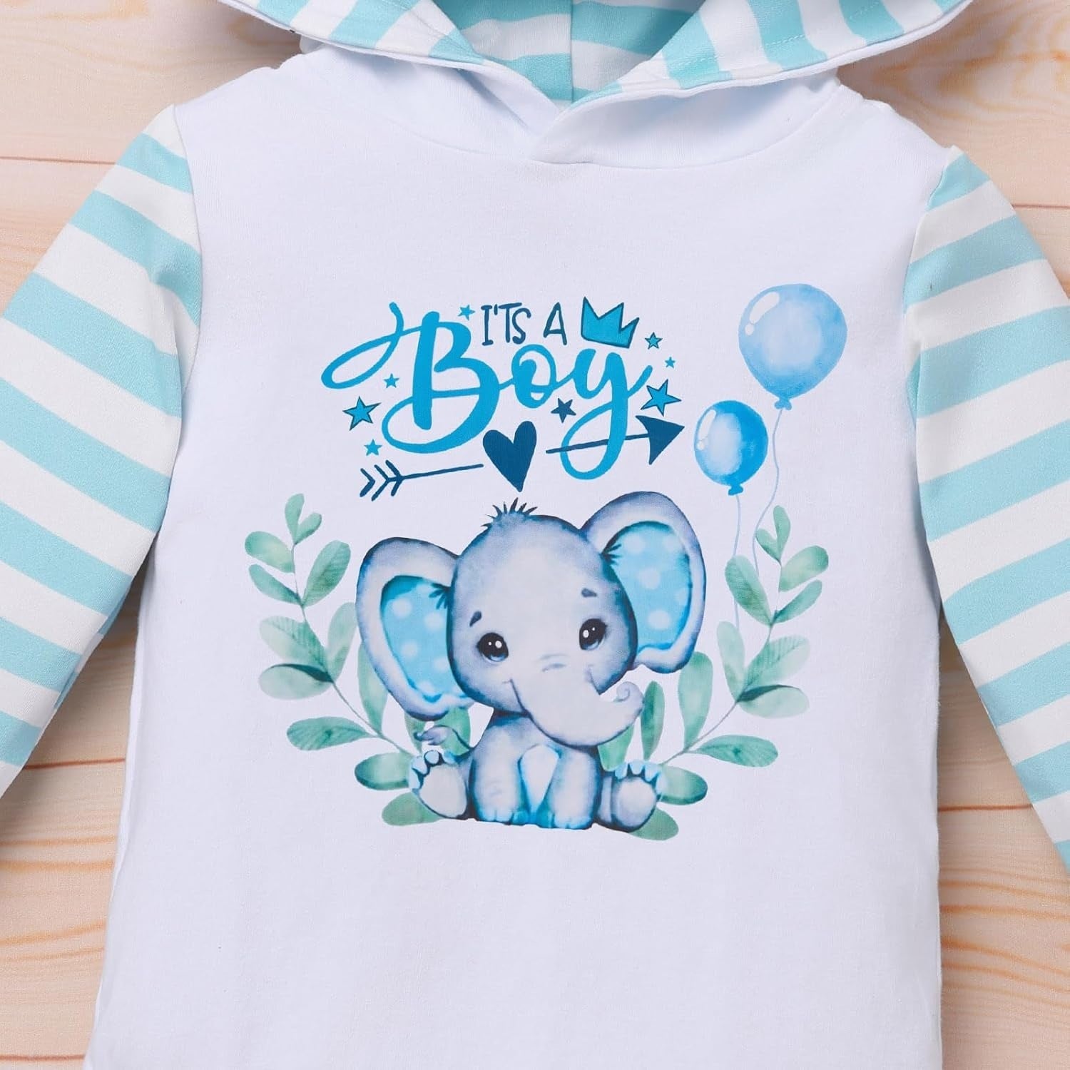 2PCS It's A Boy Letter Elephant Stripe Printed Hoodie Baby Set