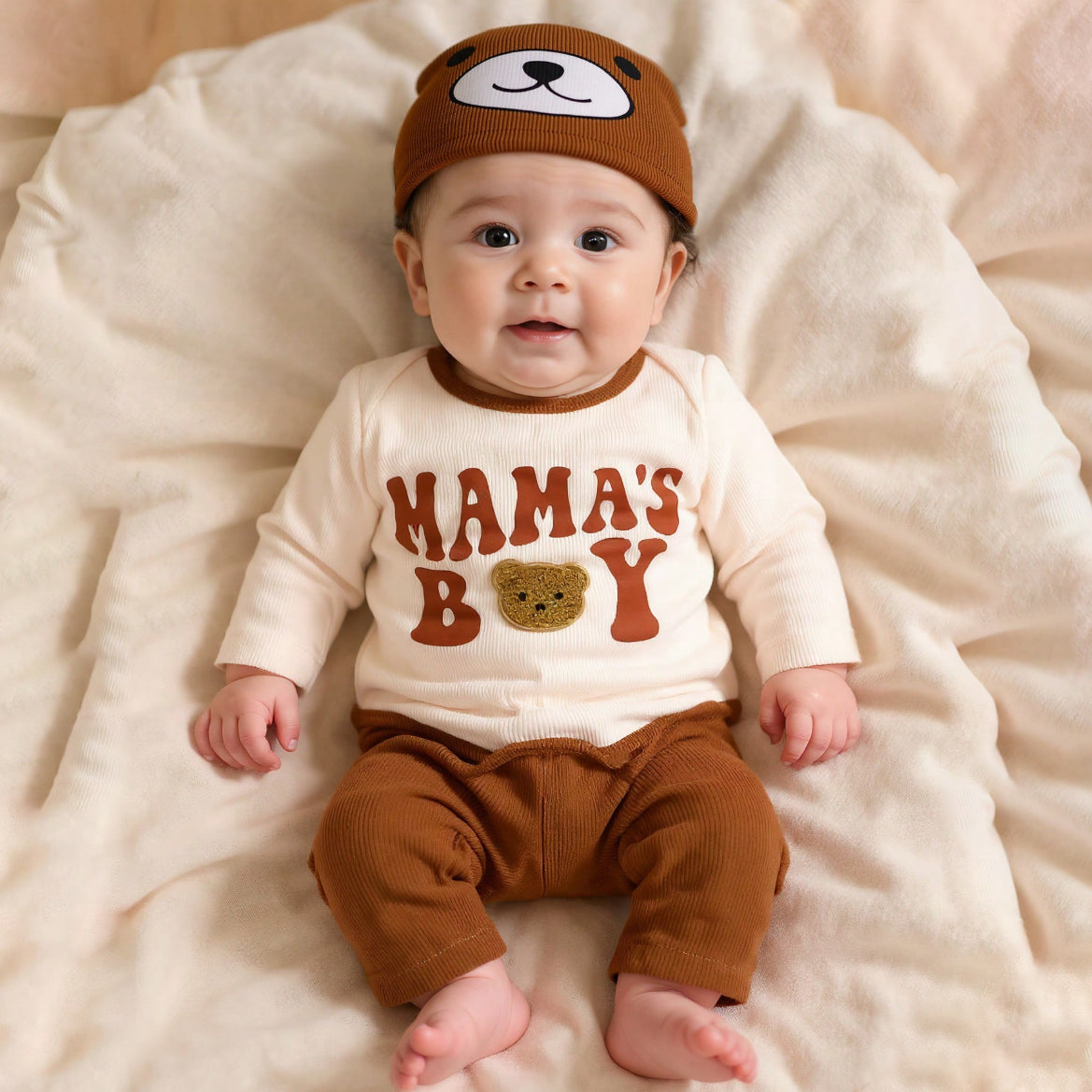 3PCS Mama's Boy Letter 3D Bear Print Long Sleeve Baby Set