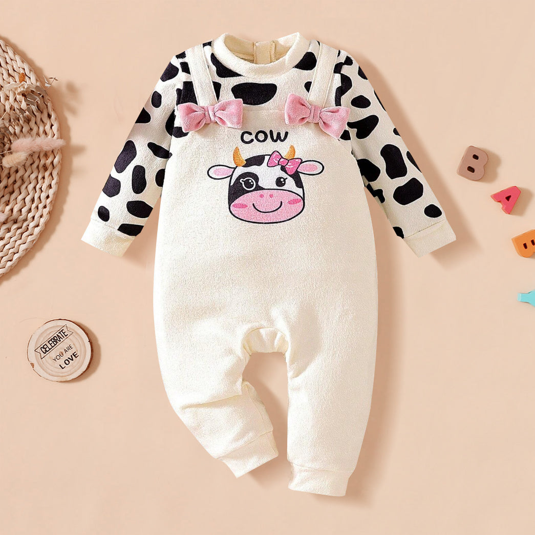 Fuzzy Cow Printed Long Sleeve Baby Jumpsuit