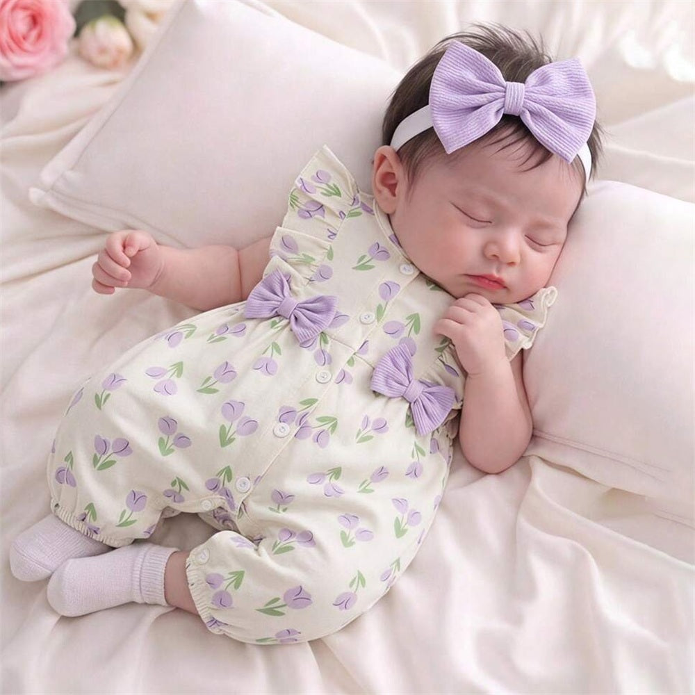 2PCS Classy Floral Print Bow Flutter Sleeve Baby Jumpsuit