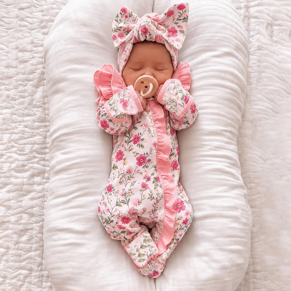 2PCS Cheerful Floral Printed Ruffle Zipper Long Sleeve Baby Jumpsuit
