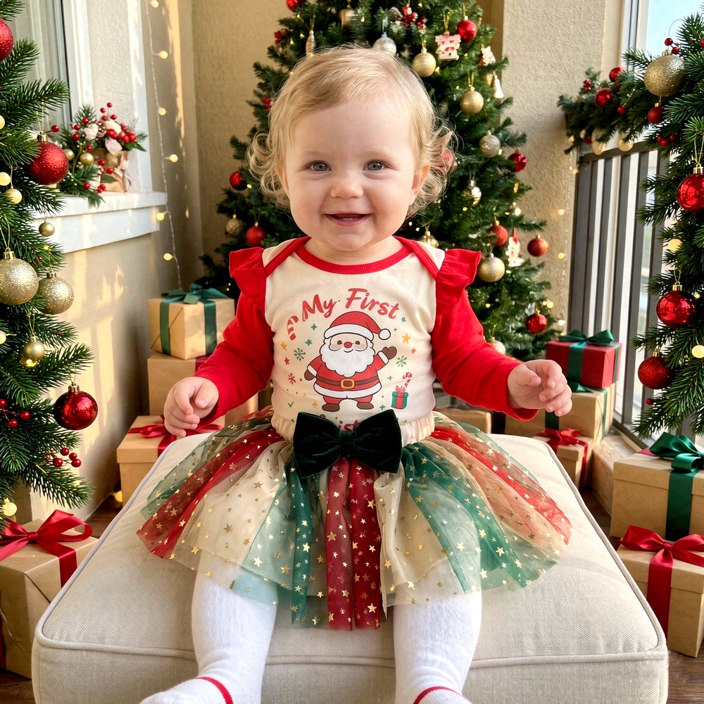 2PCS Sweet My First Christmas Letter Santa Print Tulle Baby Girl Set
