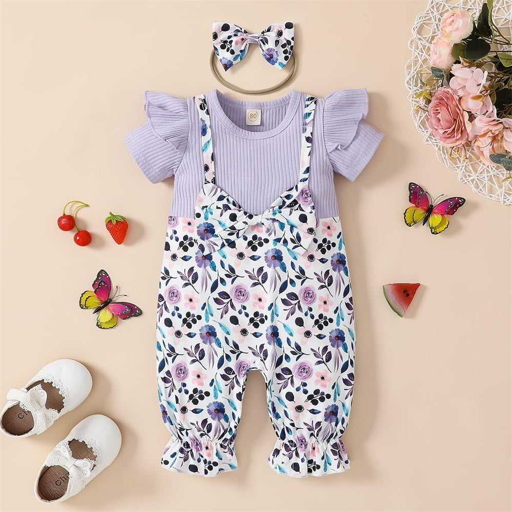 2PCS Elegant Floral Printed Bow Short Sleeve Baby Jumpsuit