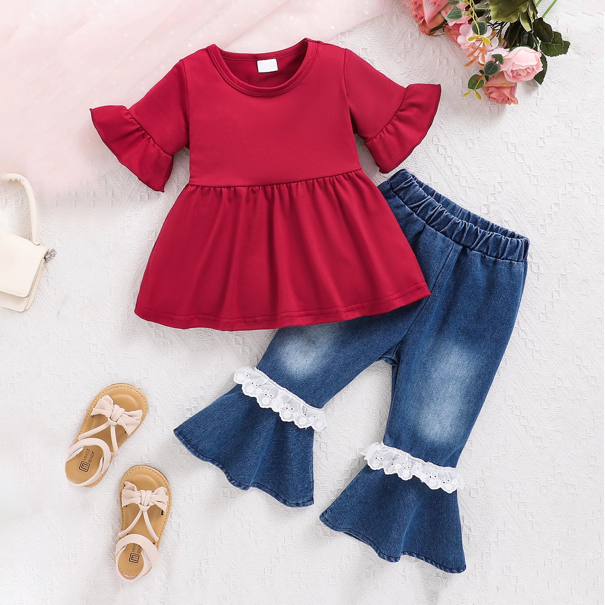 2PCS Casual Solid Top And Lace Ruffle Denim Boot Cut Pant Baby Set