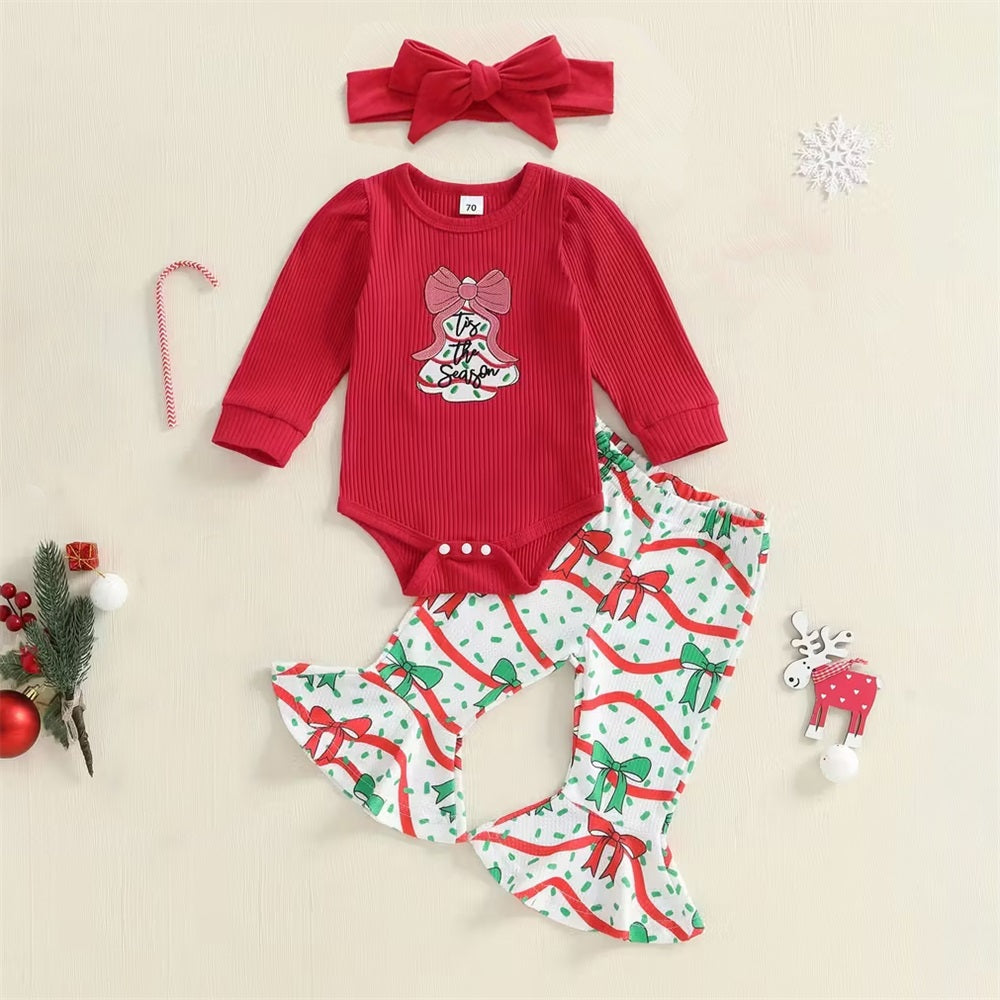 3PCS Christmas Tree and Bow Print Long Sleeve Baby Set
