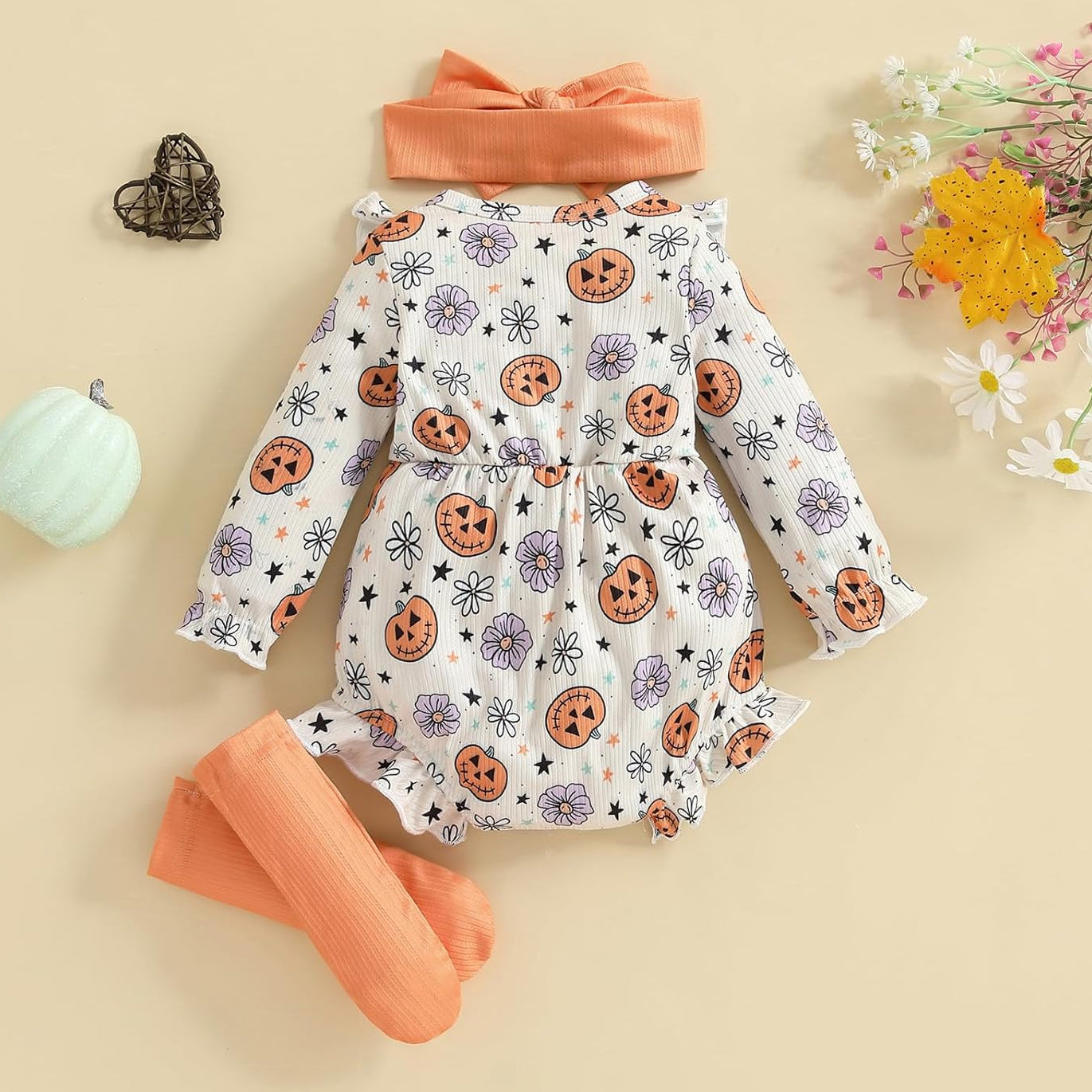 3PCS Quirky Halloween Pumpkin Printed Baby Romper