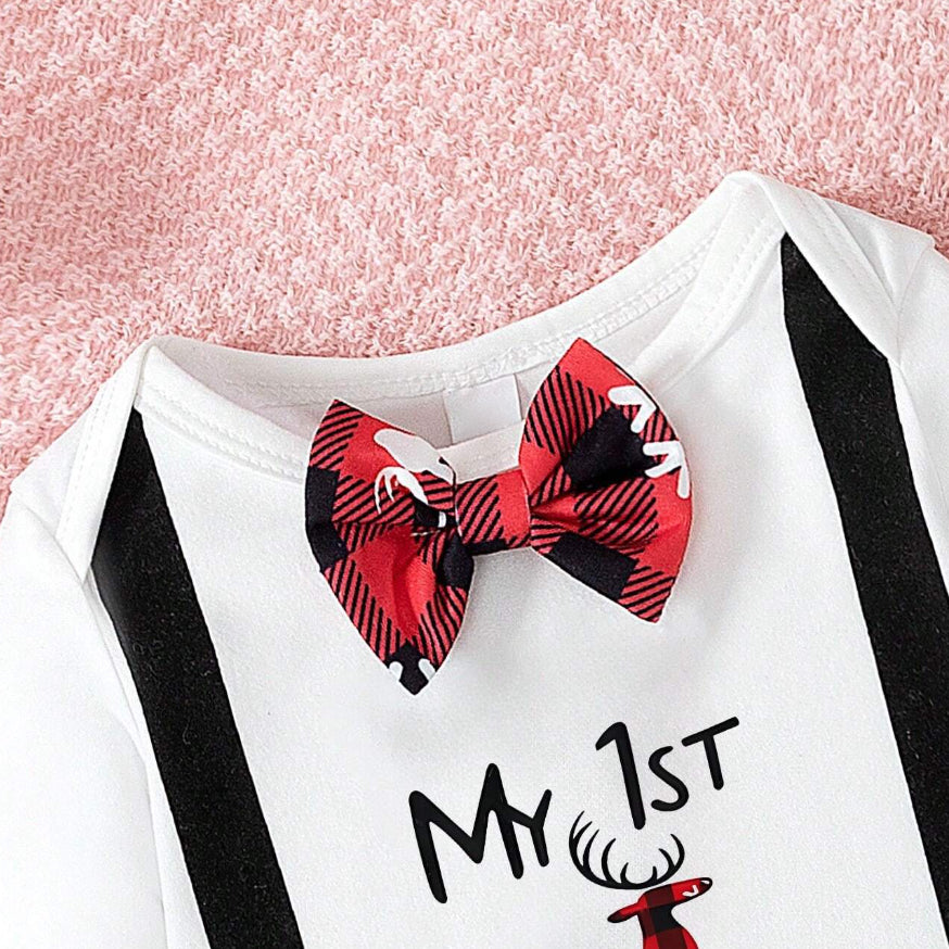 3PCS My 1st Christmas Letter Plaid Printed Baby Set