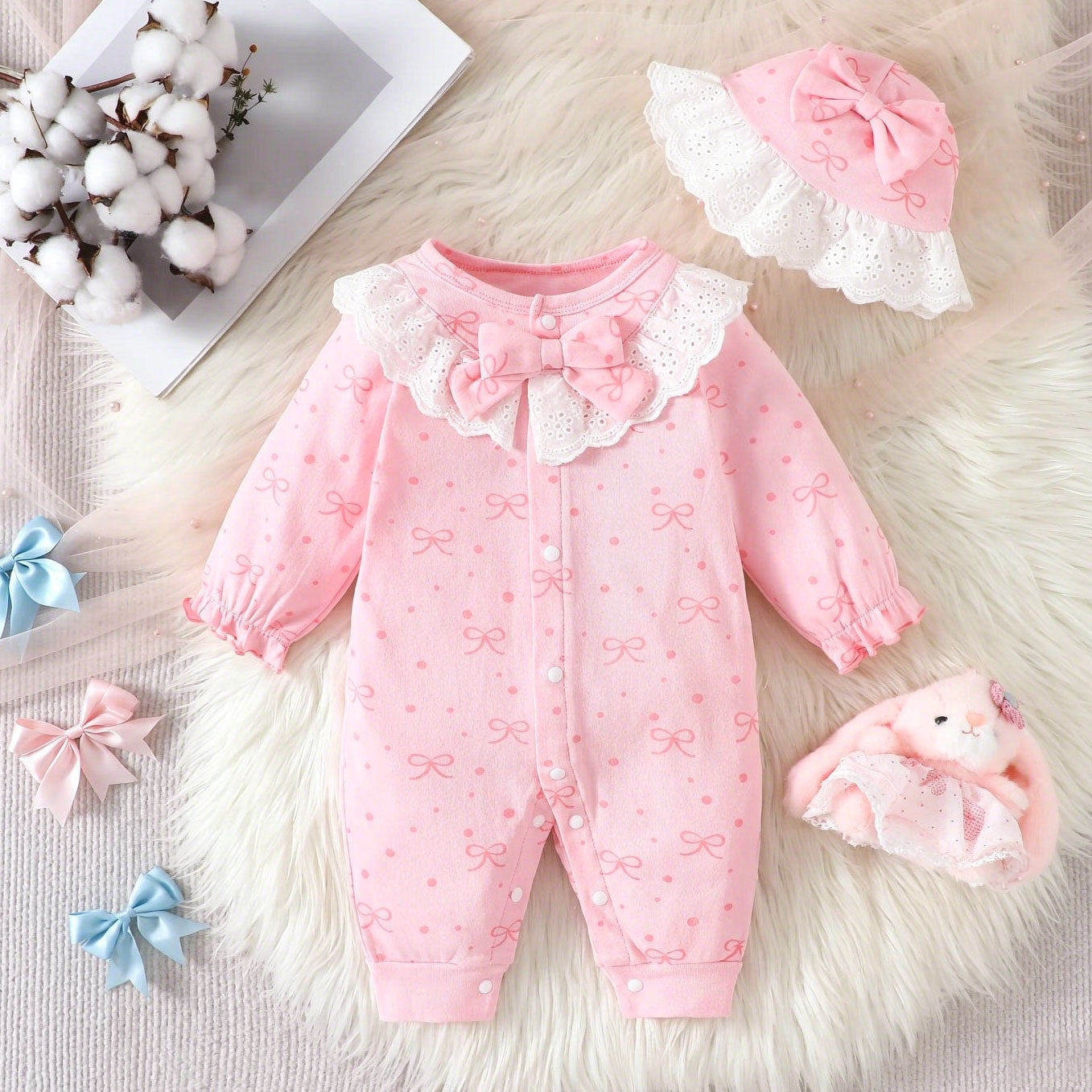 2PCS Charming Bow Printed Ruffle Long Sleeve Baby Jumpsuit
