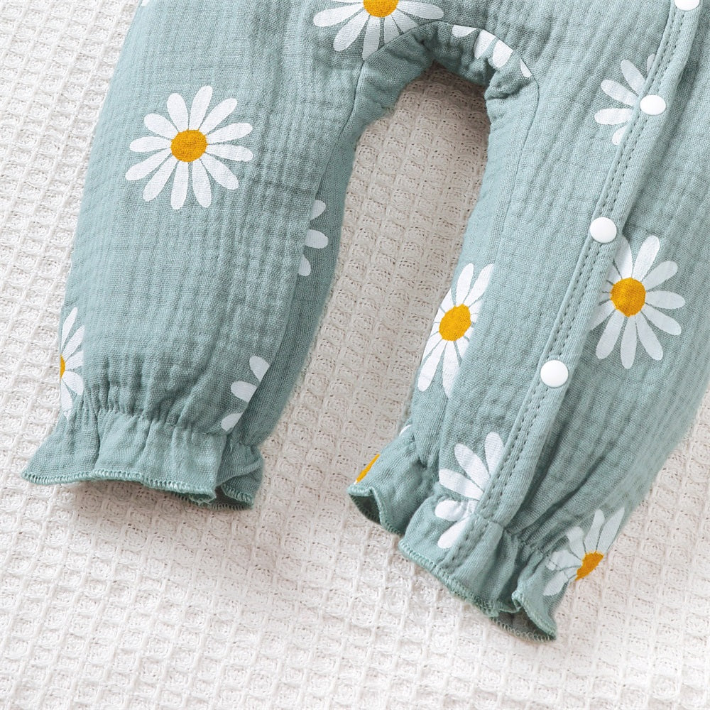 2PCS Stylish Daisy Print Bow Long Sleeve Baby Jumpsuit
