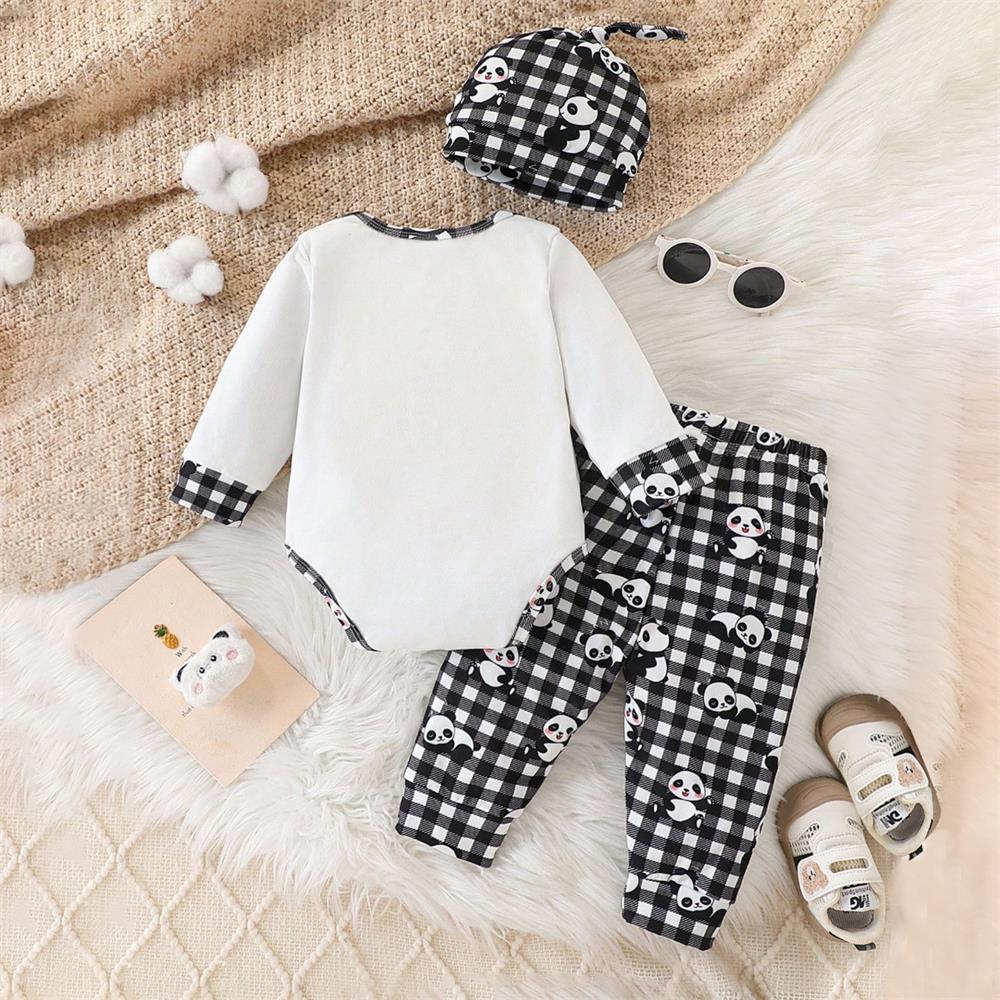 3PCS Play with Me Letter Panda Print Plaid Long Sleeve Baby Set