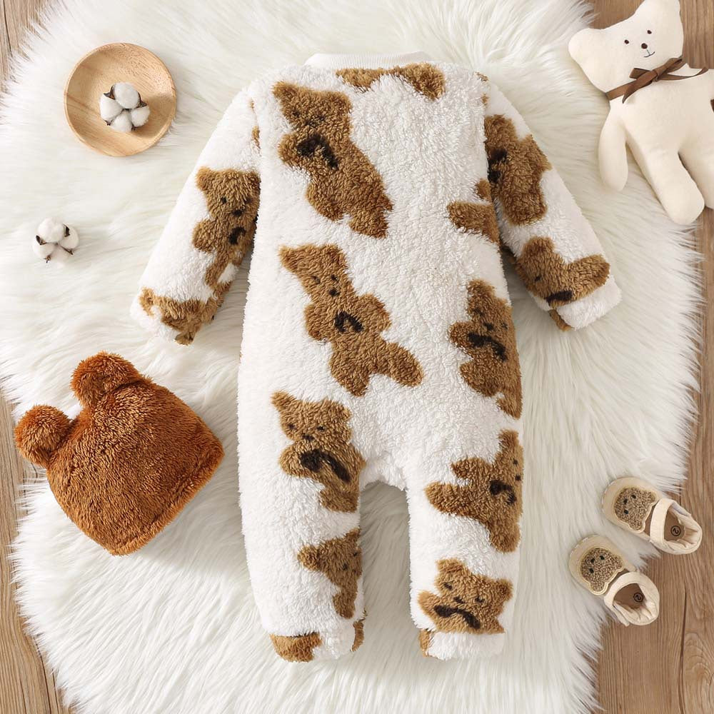 2PCS Fuzzy Bear Printed Zipper Baby Jumpsuit