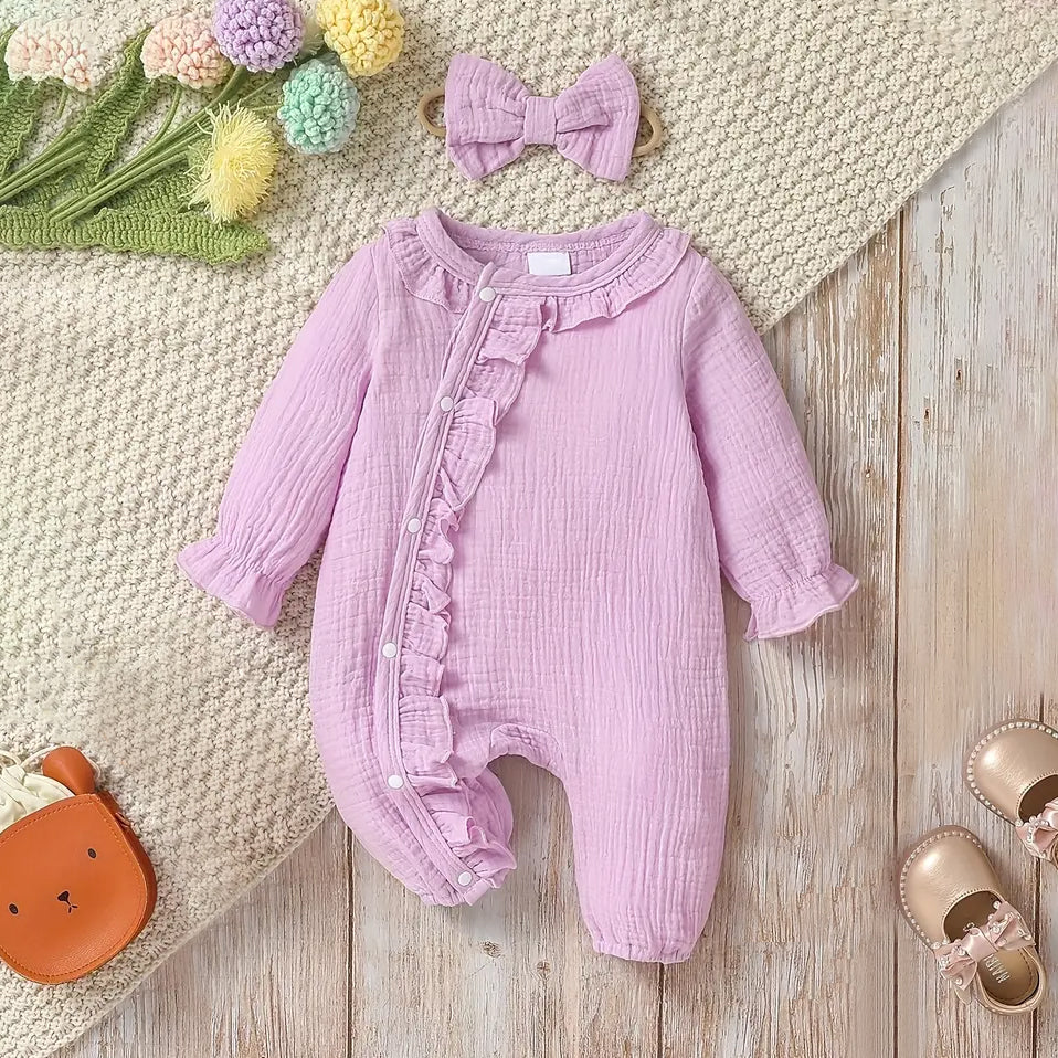 2PCS Solid Color Ruffle Decor Long Sleeve Baby Jumpsuit