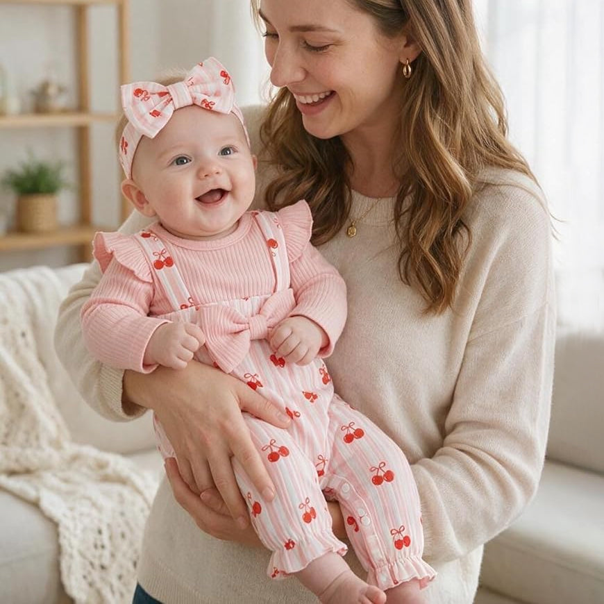 2PCS Sweet Cherry Stripe Print Faux Two Piece Baby Girl Jumpsuit