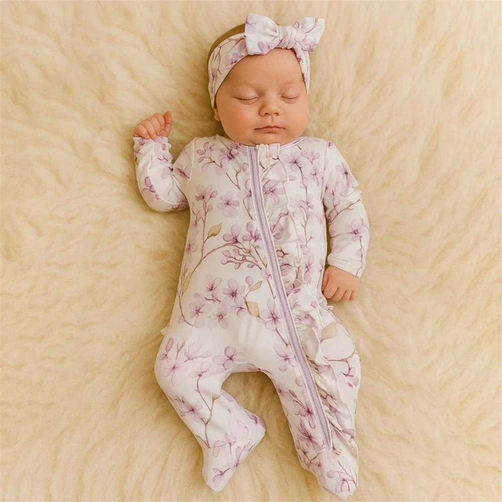 2PCS Floral Print Long Sleeve Ruffle Zipper Baby Girl Jumpsuit