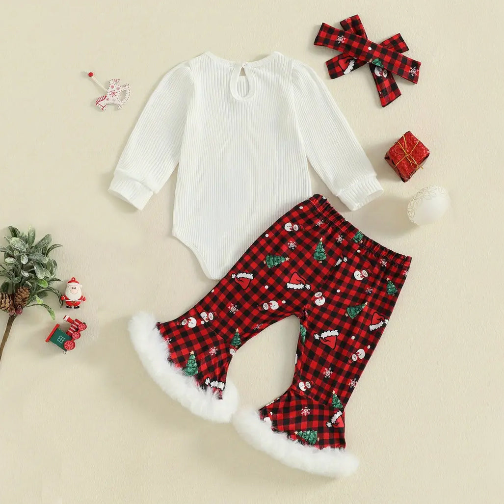 3PCS First Christmas Letter Printed Plaid Long Sleeve Baby Set