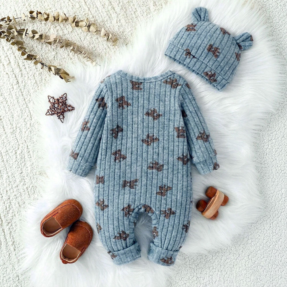 2PCS Casual Bear Printed Long Sleeve Baby Jumpsuit
