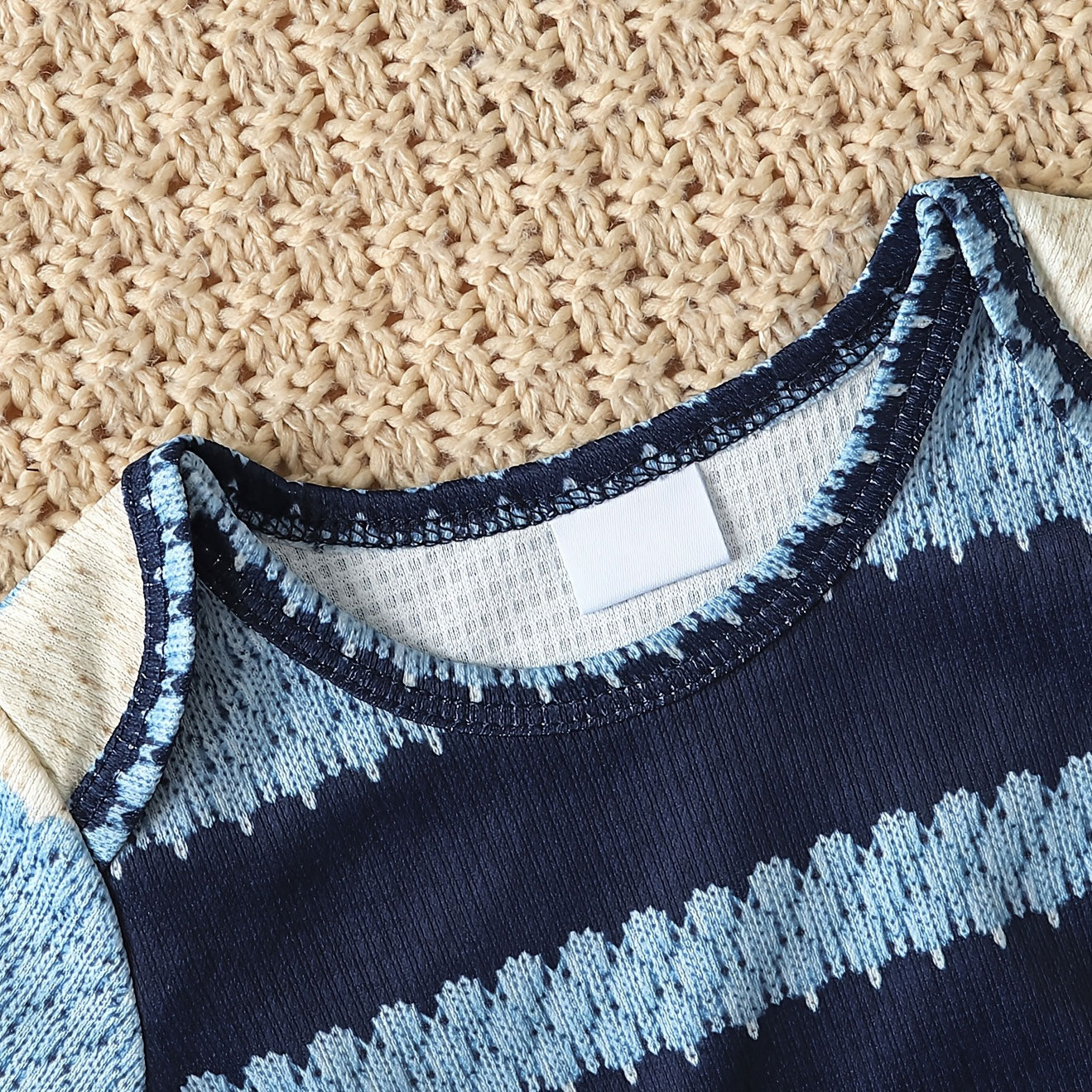 Faux Knit Textured Striped Sawtooth Printed Long Sleeve Baby Jumpsuit