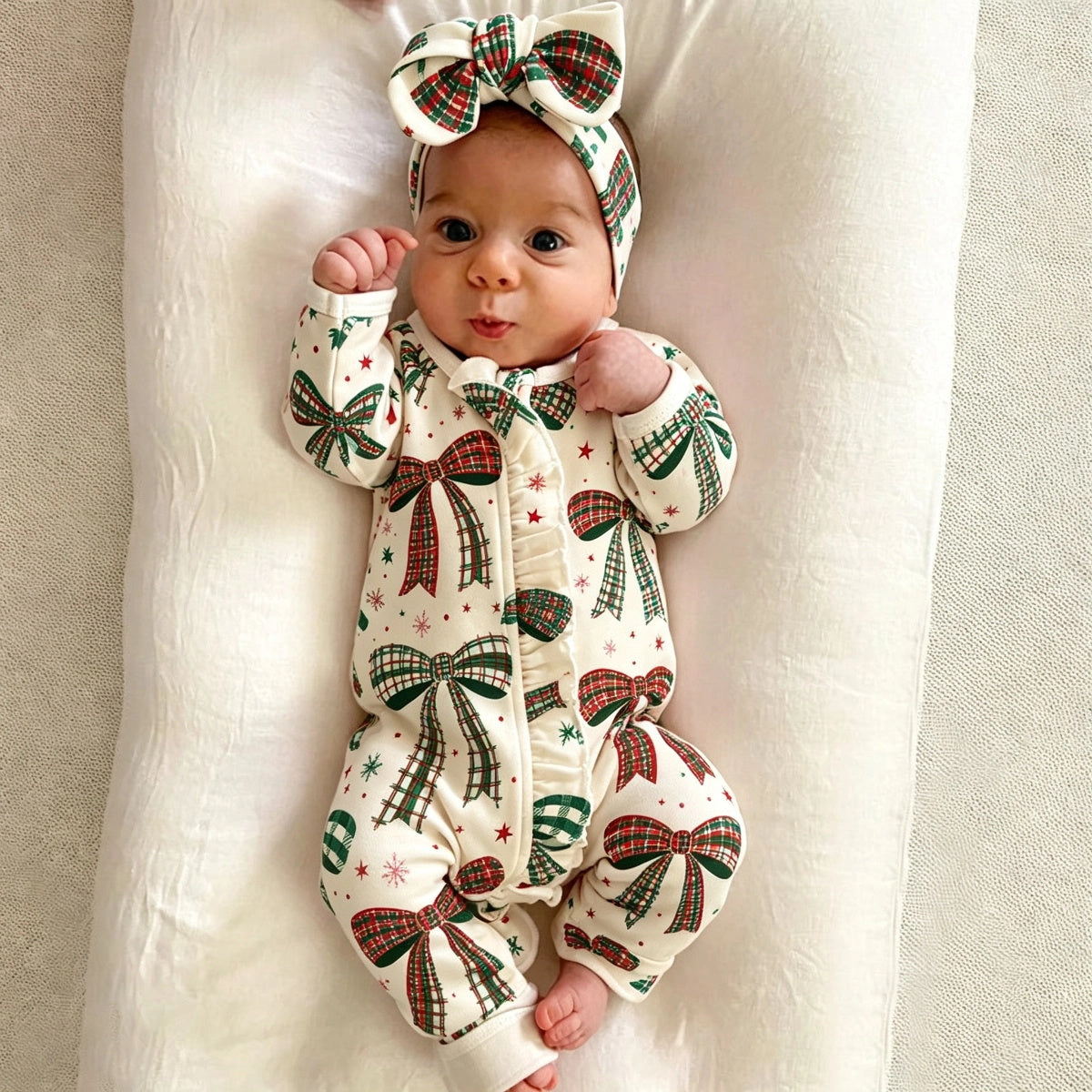 2PCS Christmas Bow Plaid Printed Zipper Baby Jumpsuit