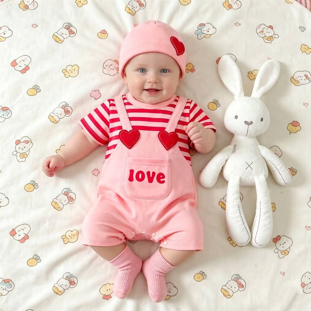 2PCS Cute Faux Layering Heart Appliqué Stripe Print Baby Jumpsuit