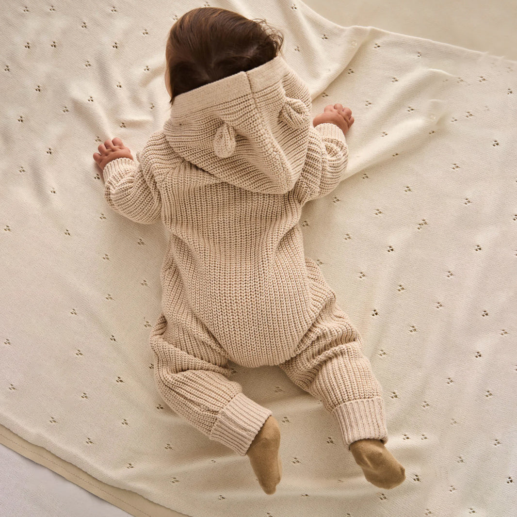 Comfy Solid Color Knitted Long Sleeve Baby Hooded Jumpsuit