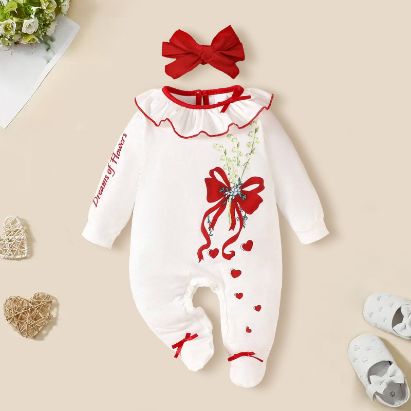 2PCS Sweet Contrast Color Ruffle Collar Bow-Tie Printed Baby Jumpsuit