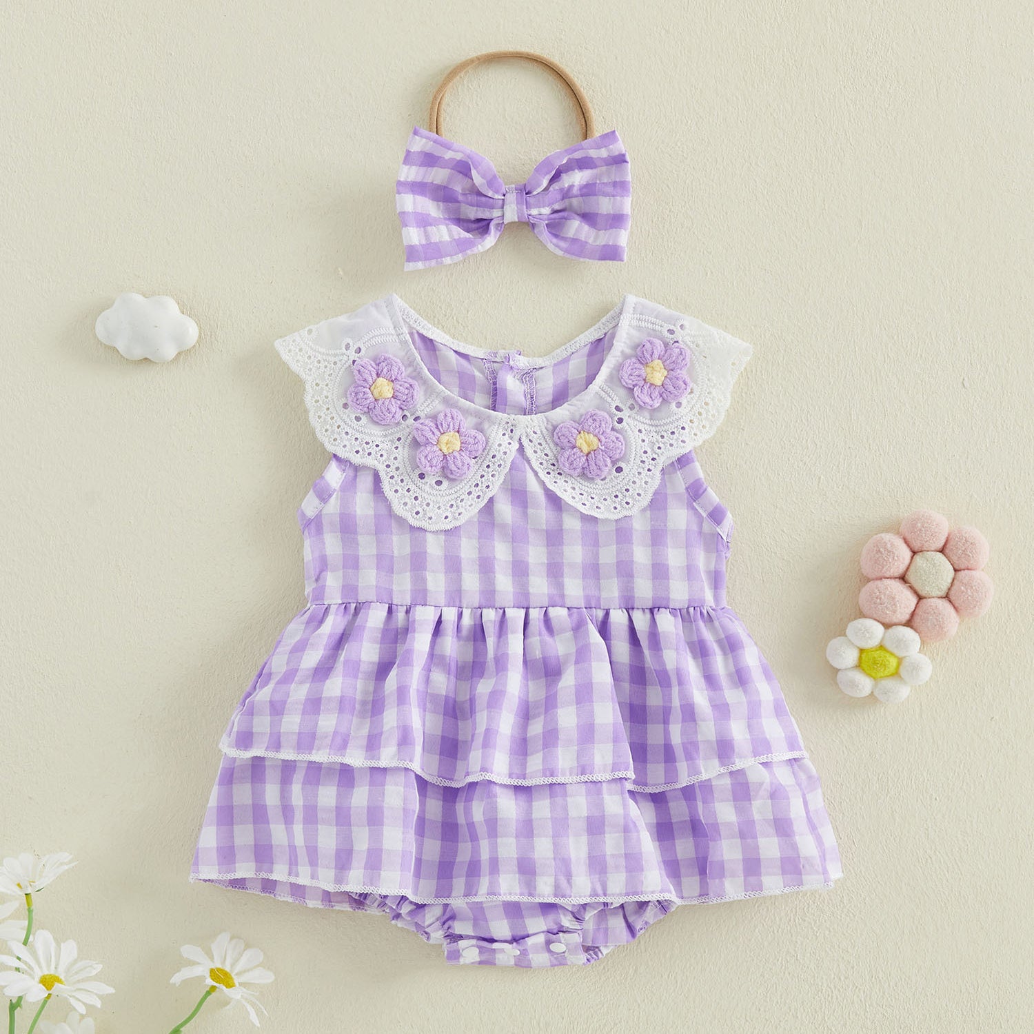 2PCS Grace Floral Appliqué Plaid Print Sleeveless Baby Romper