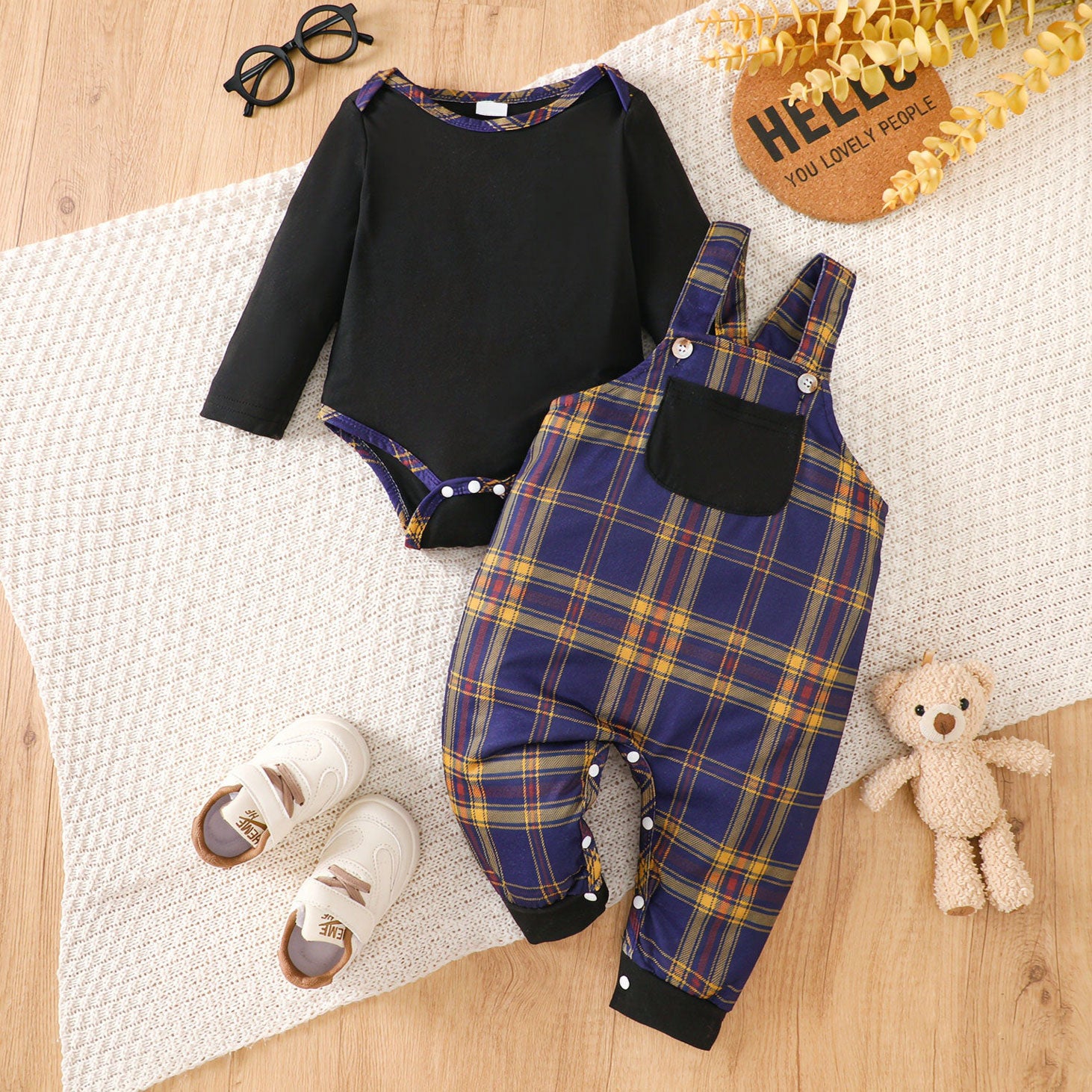 2PCS Classic Plaid Printed  Long Sleeve Overalls Baby Set