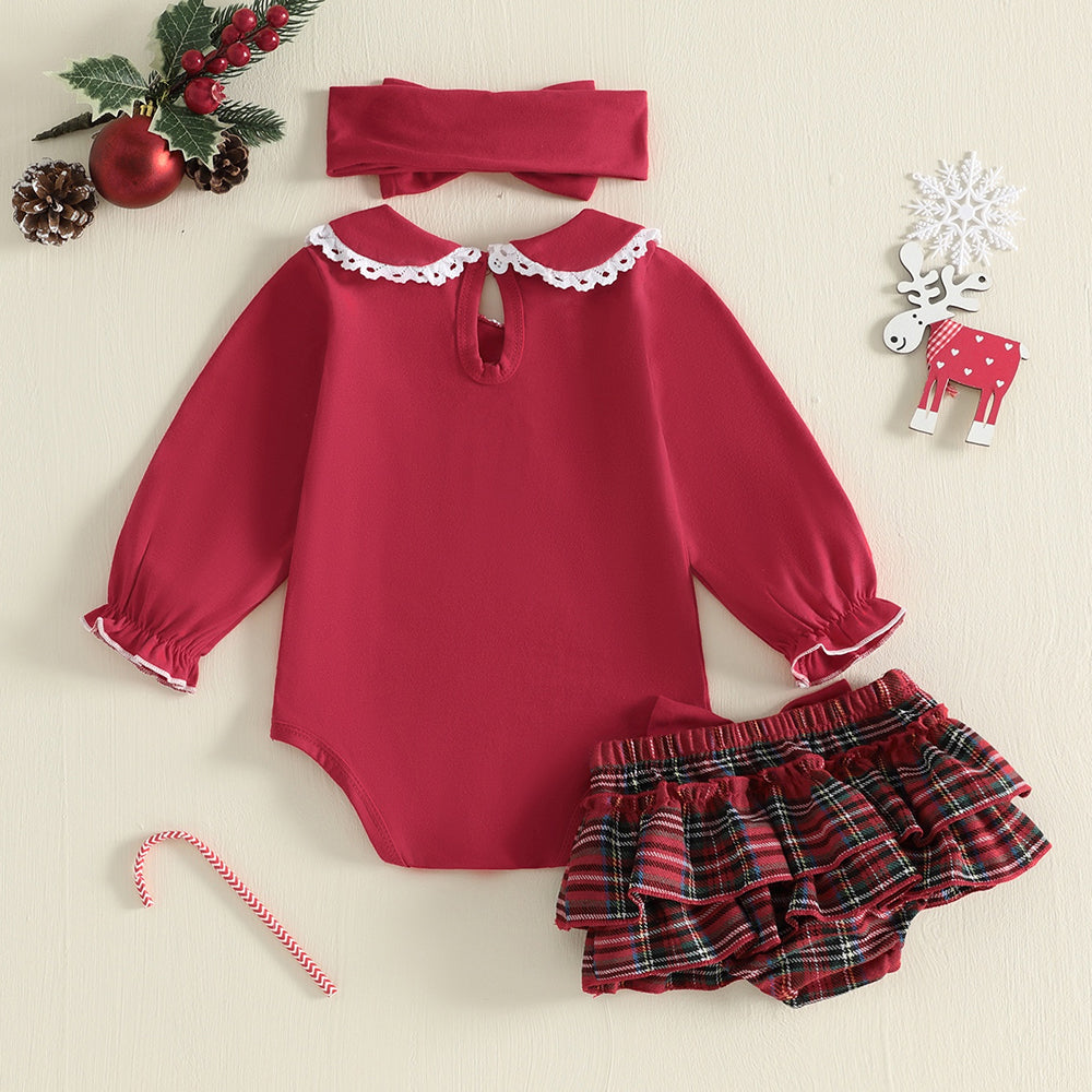 3PCS My 1st Christmas Santa Claus Embroidered Plaid Printed Baby Set