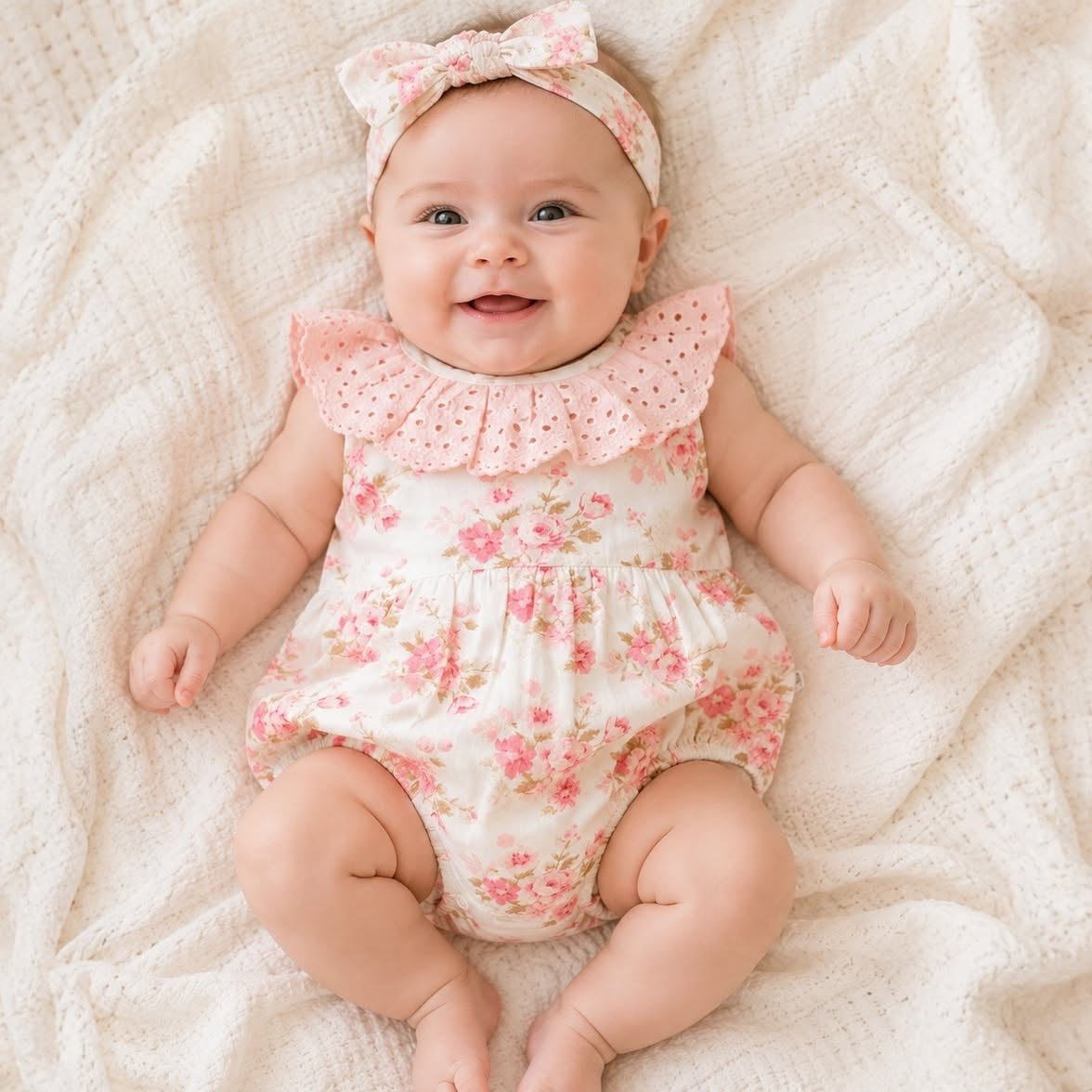 2PCS Fresh Floral Print Eyelet Lace Sleeveless Baby Romper