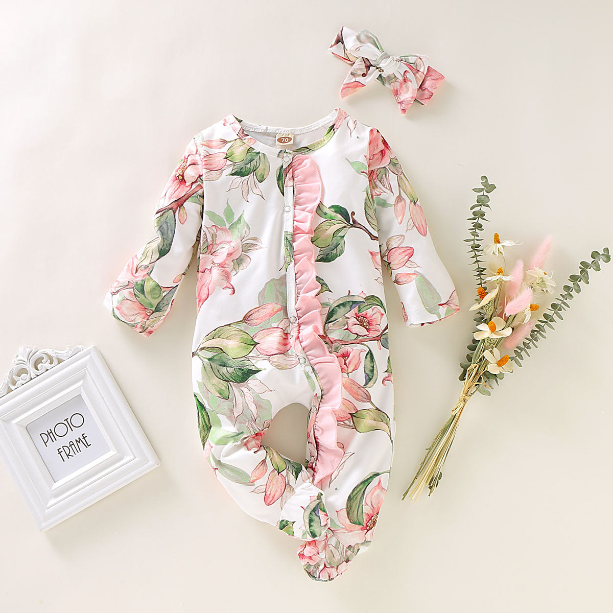 Baby Girl Lovely Floral Print Jumpsuit with Headband