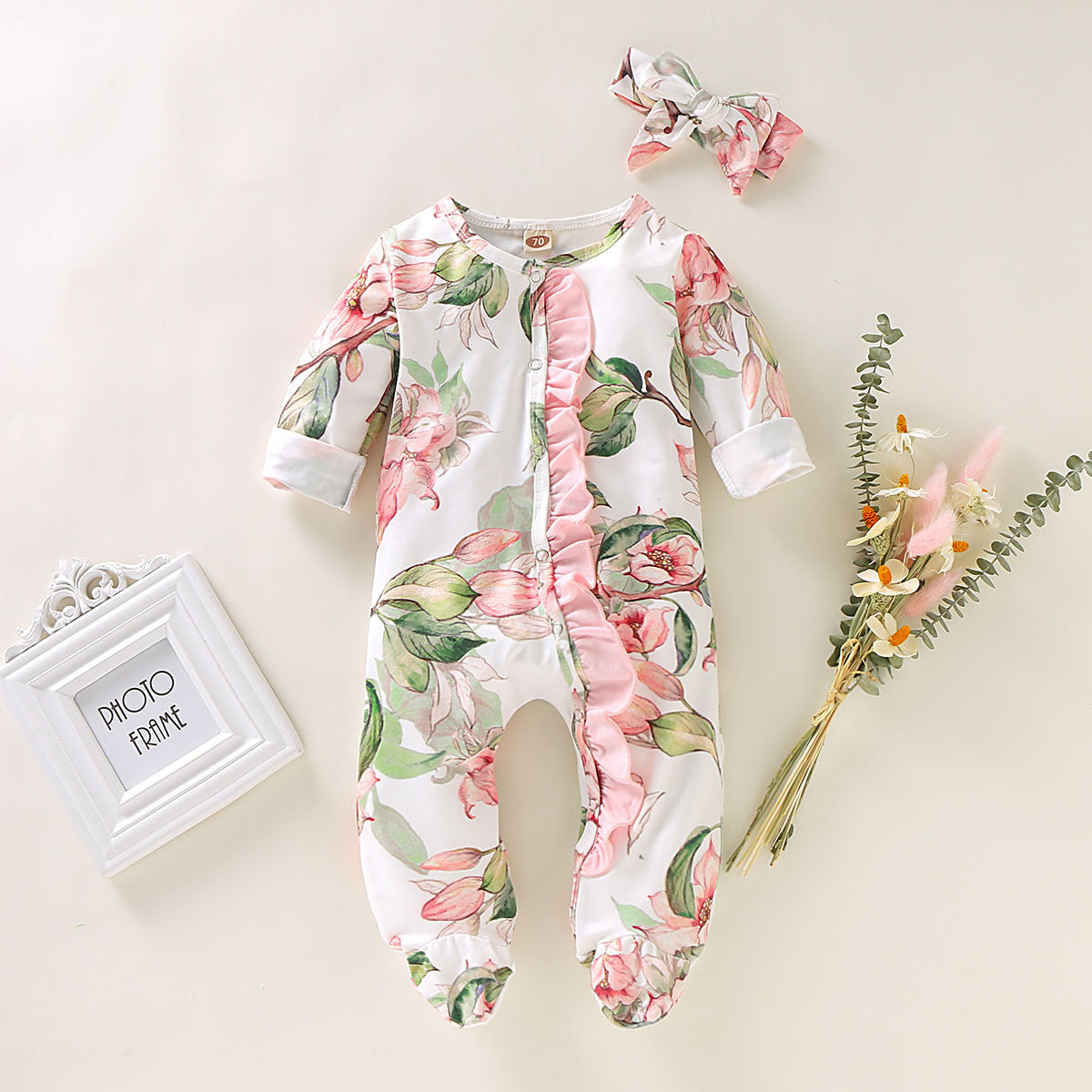 Baby Girl Lovely Floral Print Jumpsuit with Headband