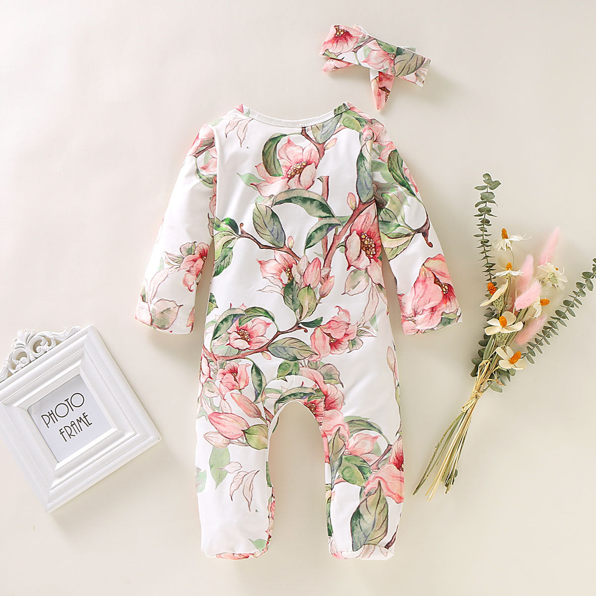 Baby Girl Lovely Floral Print Jumpsuit with Headband