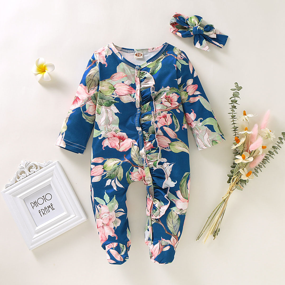 Baby Girl Lovely Floral Print Jumpsuit with Headband