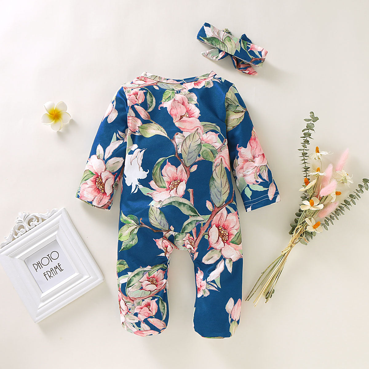 Baby Girl Lovely Floral Print Jumpsuit with Headband