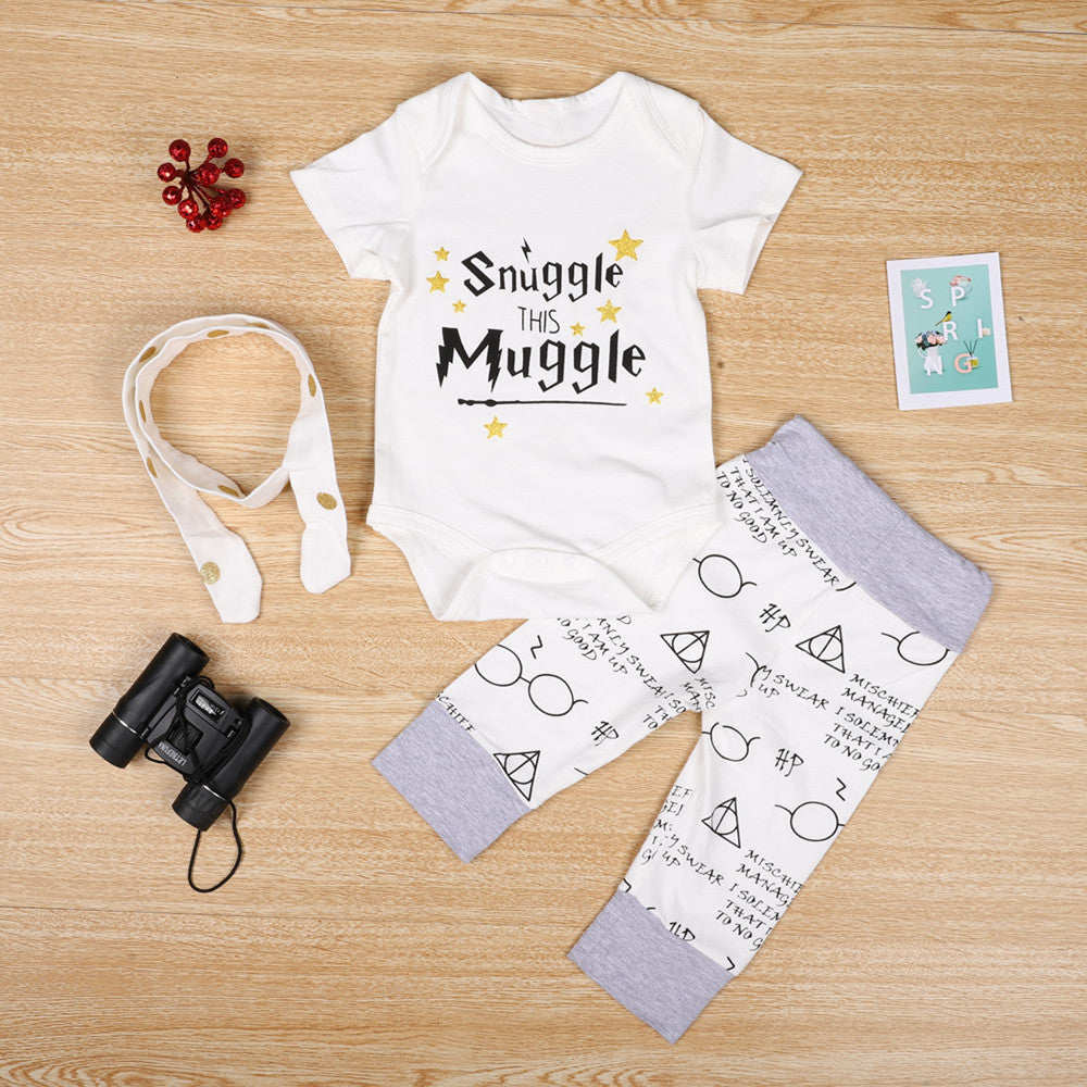 3PCS Baby Girl Snuggle This Muggle Letter Printed Romper With Pants Baby Set
