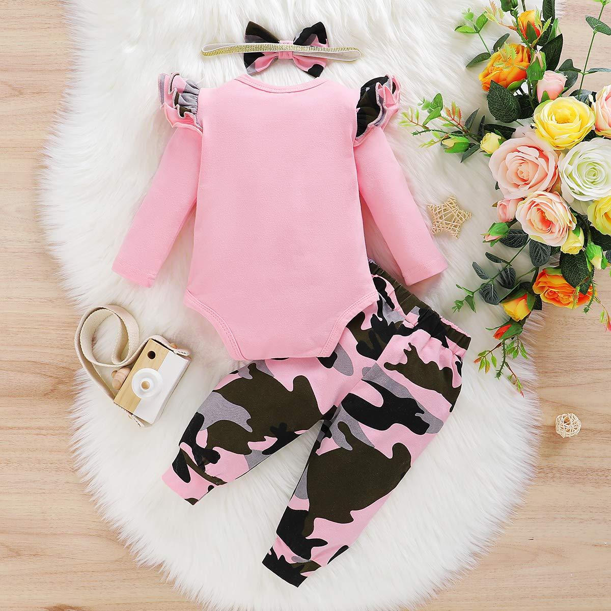 3PCS Mommy's Little Girl Letter Printed Rufffled Romper With Camouflage Printed Pants Baby Girl Set