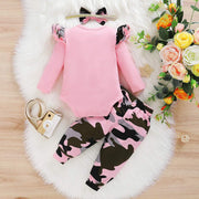 3PCS Mommy's Little Girl Letter Printed Rufffled Romper With Camouflage Printed Pants Baby Girl Set