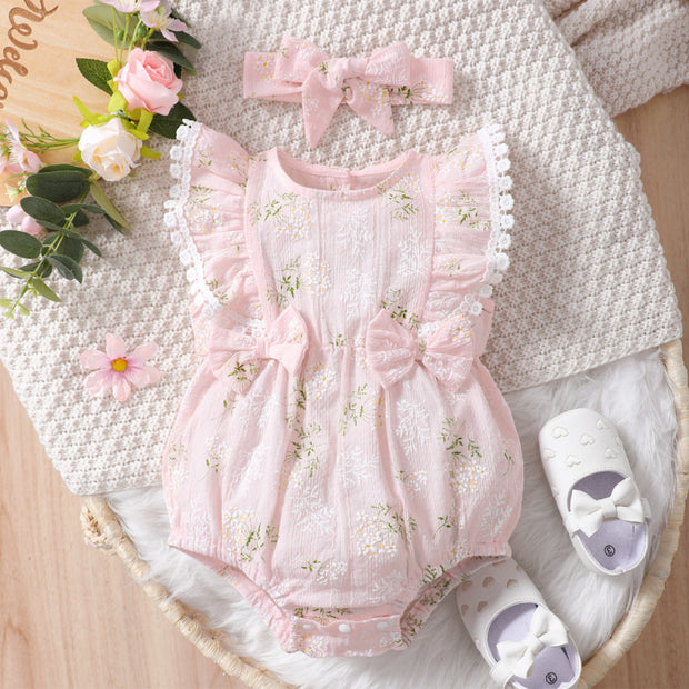 2PCS Solid Color Printed Baby Romper