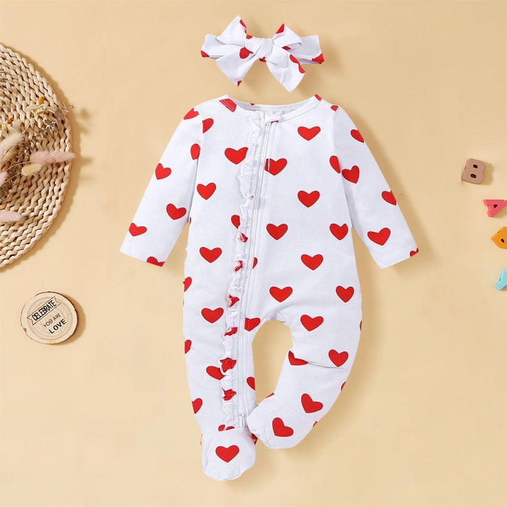 2PCS Sweet Red Heart Printed Baby Jumpsuit with Headband