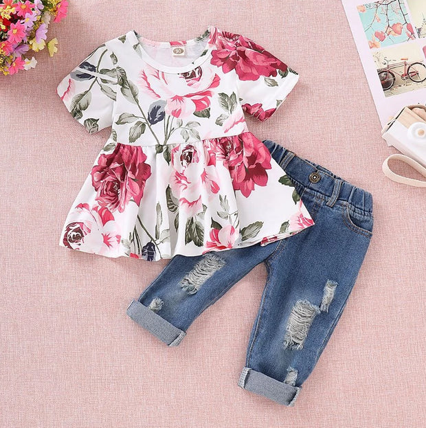 Floral Short Sleeve Top and Jeans Set