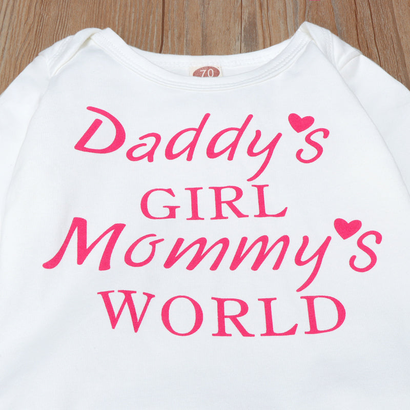 3PCS Baby Girl Daddy's Girl Mommy‘s World Letter Printed Romper with Full Floral Printed Pants Baby Set