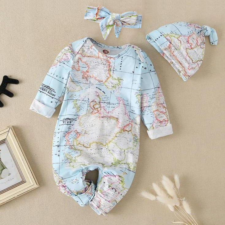 Precioso mono de bebé de manga larga con estampado de mapa mundial y sombrero