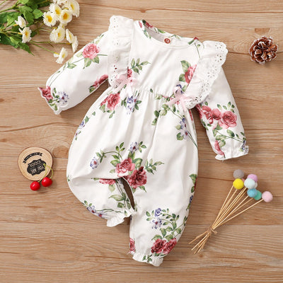 Cute Floral Printed Lace Decor Baby Jumpsuit